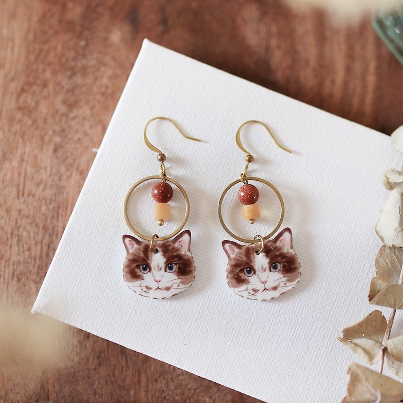 Small animal natural stone handmade earrings - soft meat ball can be changed - ต่างหู - เรซิน สีนำ้ตาล