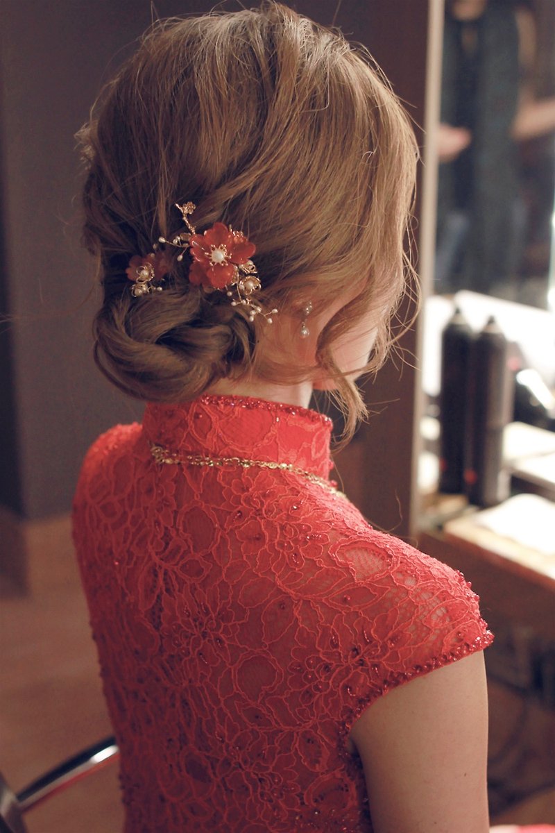 古典瑪瑙新娘頭飾Bridal Headpiece,中式頭飾, 旗袍髮飾(一套2件) - 髮飾 - 玻璃 紅色