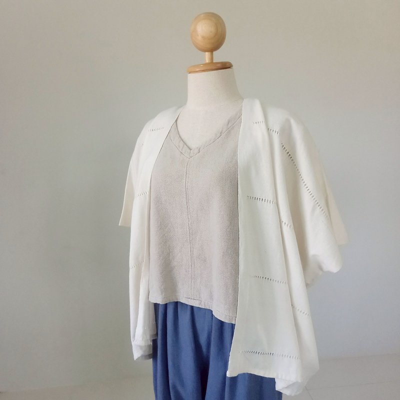 手織りオープンフロントカーディガン / 白 透かし模様 / 草木染めコットン - 女上衣/長袖上衣 - 棉．麻 白色