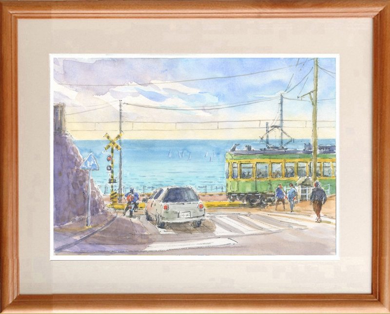 Made to order Watercolor original painting Enoshima Electric Railway Crossing 21 - โปสเตอร์ - กระดาษ สีน้ำเงิน