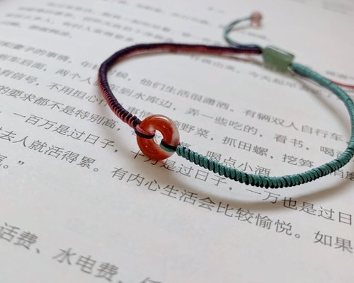 恰逢攬日閑 手作 售完供欣賞 流芳處。天然南紅瑪瑙小平安扣復古編織手繩 東陵玉