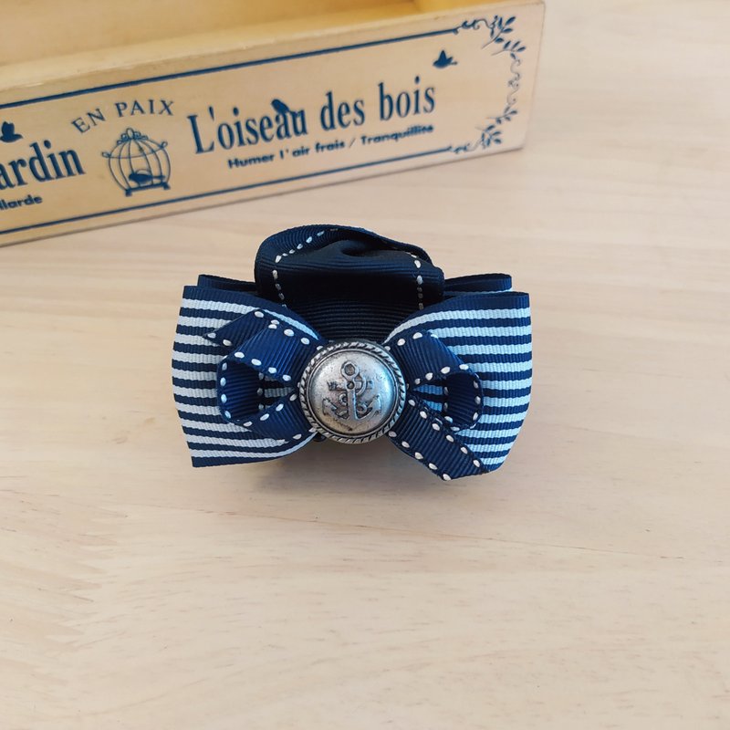 Navy blue and white striped bow with shark clip - Hair Accessories - Other Materials Blue