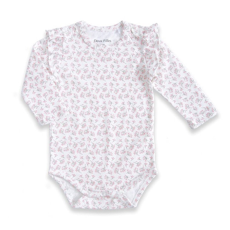 [Deux Filles organic cotton] baby long-sleeved shoulder button-up onesies/newborn jumpsuit pink branches - ชุดทั้งตัว - ผ้าฝ้าย/ผ้าลินิน สึชมพู