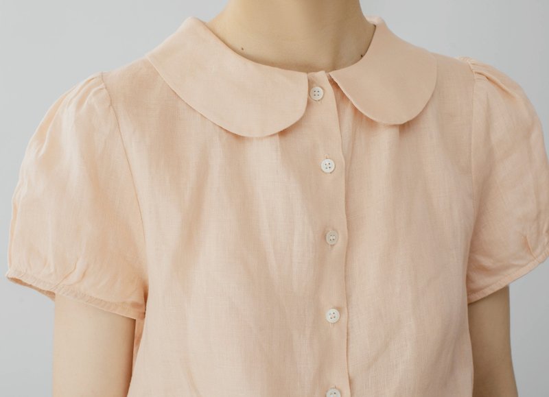 French Vintage Peter Pan Linen Linen Short Sleeve Shirt - เสื้อเชิ้ตผู้หญิง - ผ้าฝ้าย/ผ้าลินิน สึชมพู