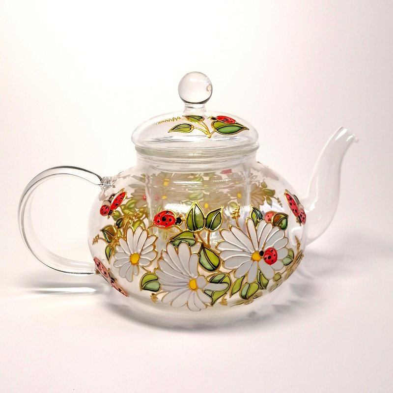 Daisy and ladybug glass teapot Hand painted Personalised flower teapot for her - 茶壺/茶杯/茶具 - 玻璃 白色