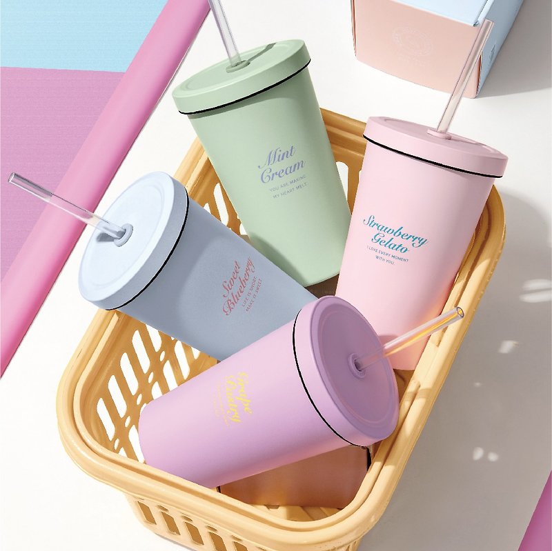 (Welfare product) Oolab Ice Cream Series Straw Cup 550ml - กระบอกน้ำร้อน - โลหะ หลากหลายสี