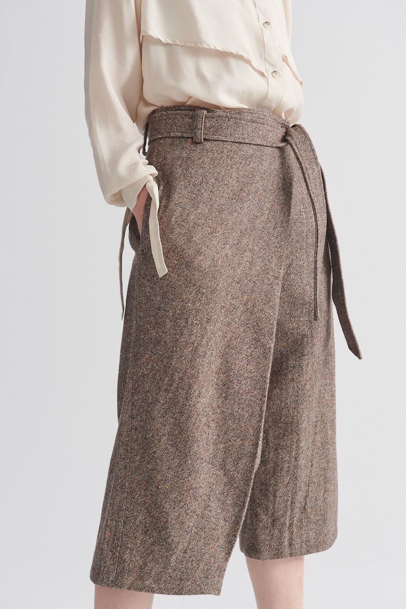 Shan Yong brown slightly high-waisted wool over-the-knee wrap-around straight wide pants - กางเกงขายาว - ขนแกะ 