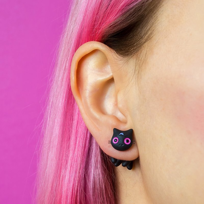 Evil Cat Earrings - Spooky Cat Earrings Polymer Clay - 耳環/耳夾 - 黏土 紫色