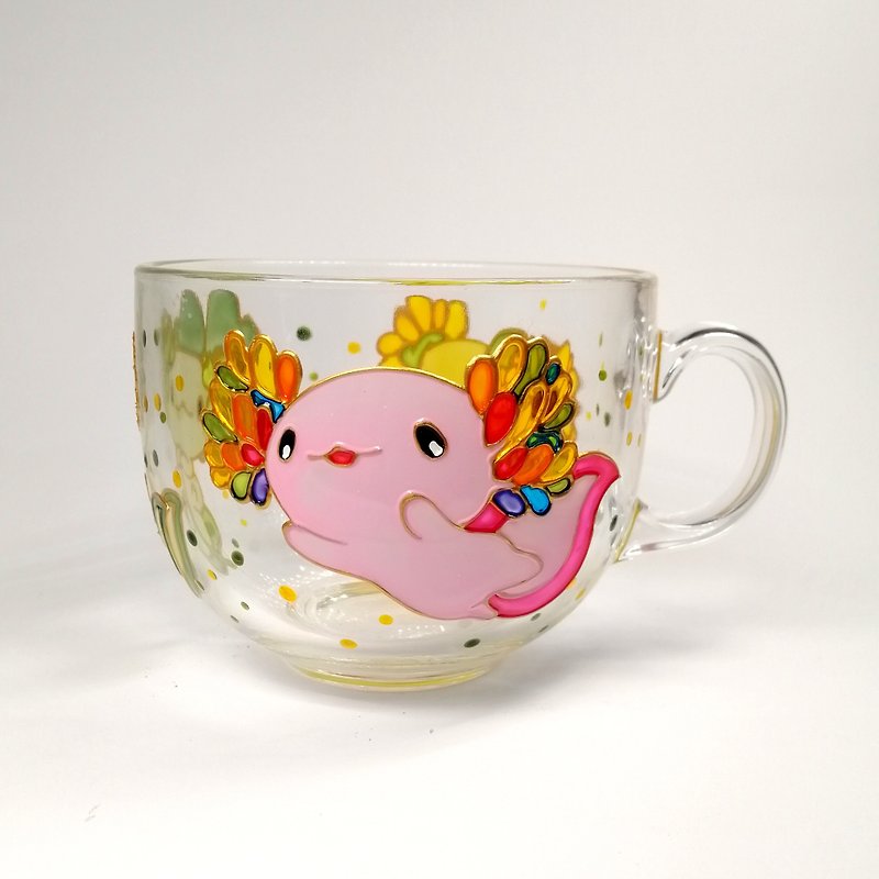Cute axolotl glass mug for her personalised coffee mug hand painted - 咖啡杯/馬克杯 - 玻璃 粉紅色