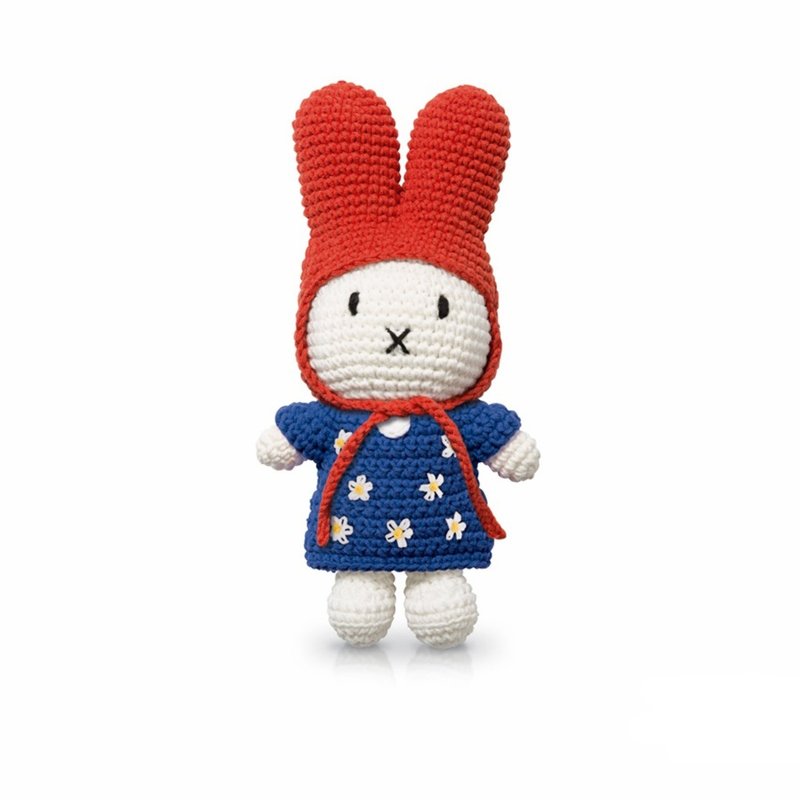 手工製 Miffy 米飛兔【藍花裙+紅帽】 - 嬰幼兒玩具/毛公仔 - 棉．麻 