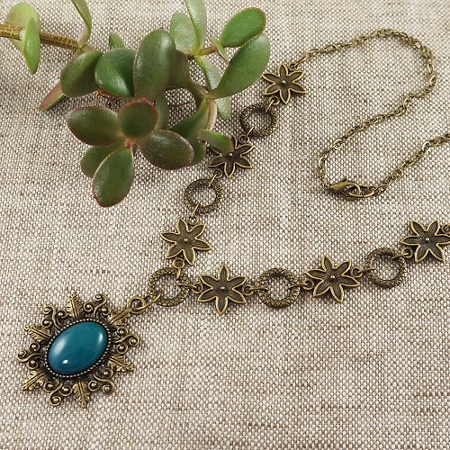 AGATIX Dark Green Agate Necklace Bronze Fern Leaf Forest Pendant Boho Necklace Jewelry