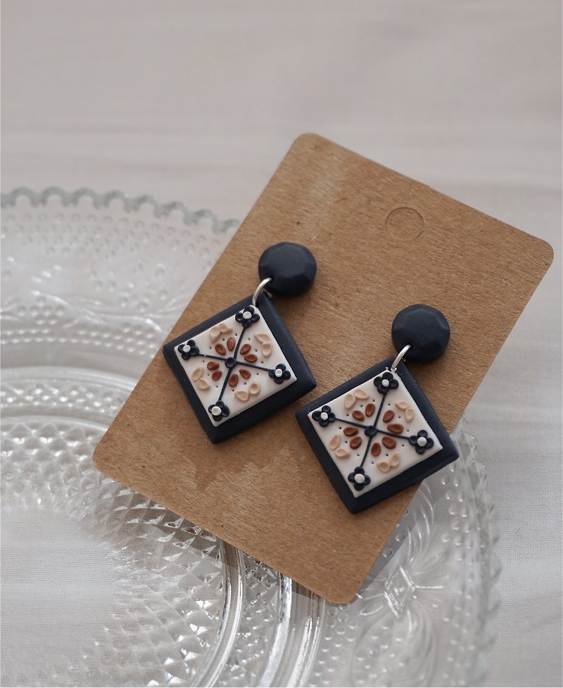 PARTY FOR EARS | handmade dark blue tiled clay earrings S925 sterling silver ear pin Clip-On - Earrings & Clip-ons - Pottery 