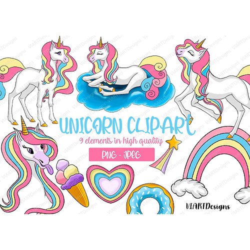 VIARTDesigns Cute unicorn clipart PNG,9 elements