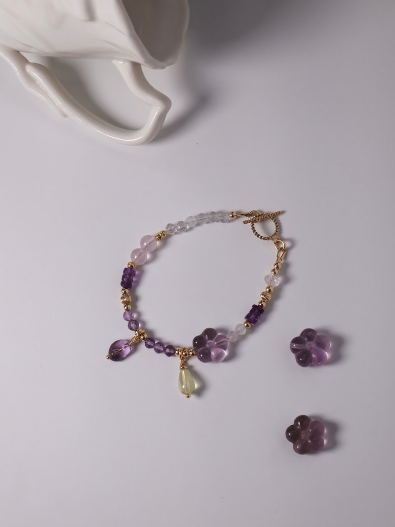 Amethyst Dew. Amethyst Small Flower, Prehnite Teardrop, Rose Quartz, 14KGF Gemstone Design Bracelet - Bracelets - Crystal Purple