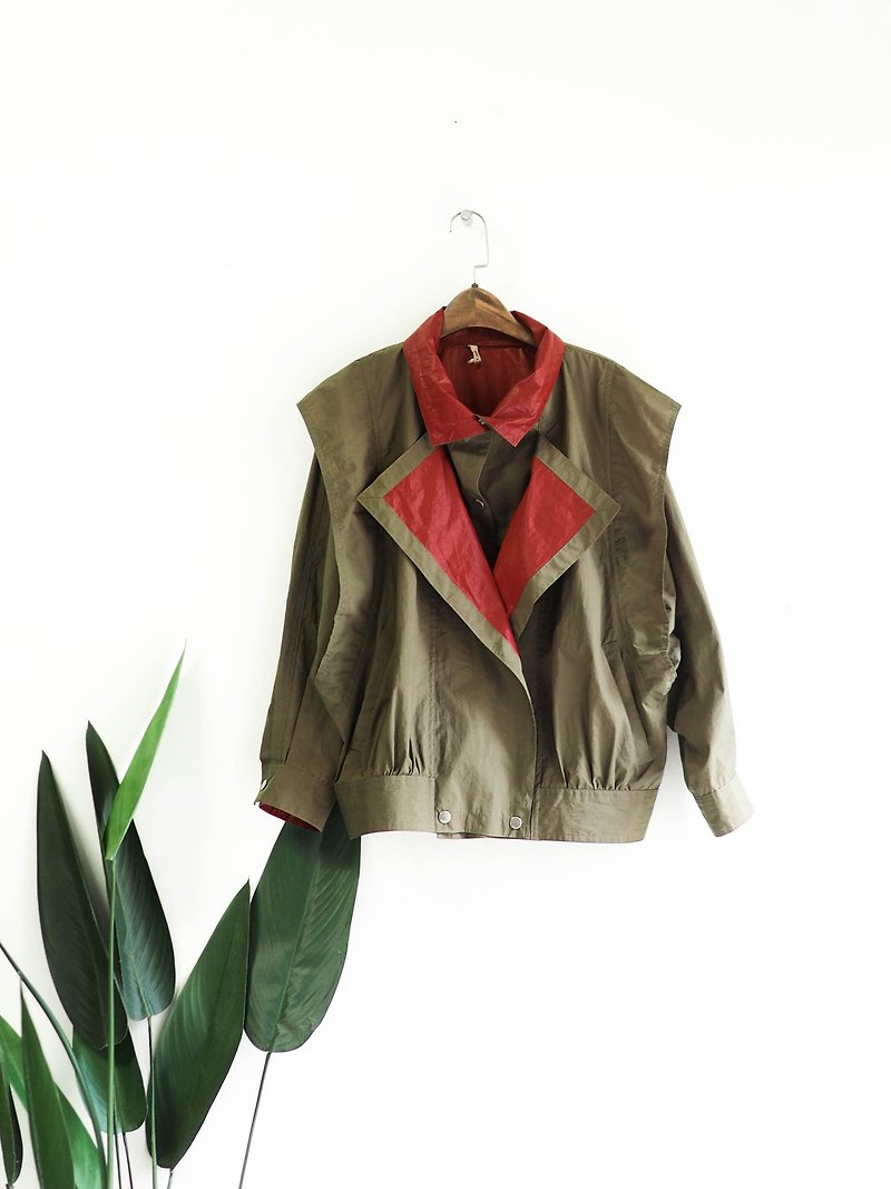Olive green x brilliant red two-color large lapel antique cotton soft drawstring button windbreaker jacket vintage - Women's Casual & Functional Jackets - Waterproof Material Green