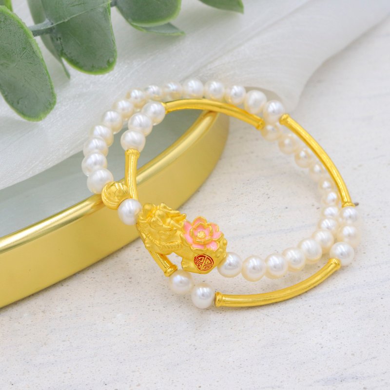 Kimura Light Gold Jewelry/Gold Pixiu Double Pearl Bracelet Pure Gold Lucky Pixiu 9999 Gold - Bracelets - 24K Gold Gold