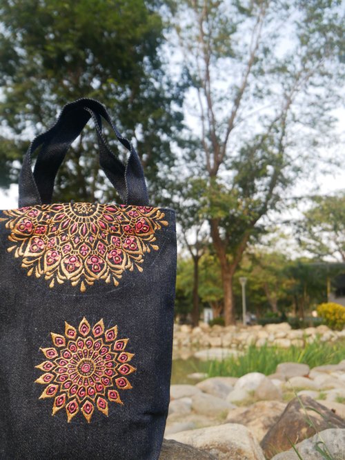 Pure hand-painted mandala cup bag [flower wedding] canvas bag Zen winding  Henna Mandala