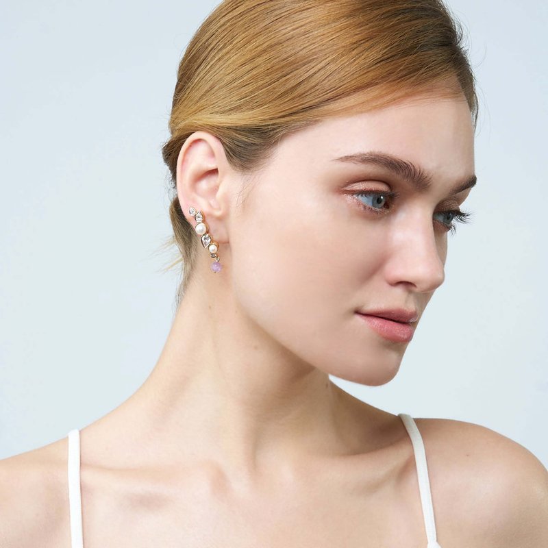 Feuille Kunzite Pearl Earring - 耳環/耳夾/耳骨夾 - 珍珠 金色