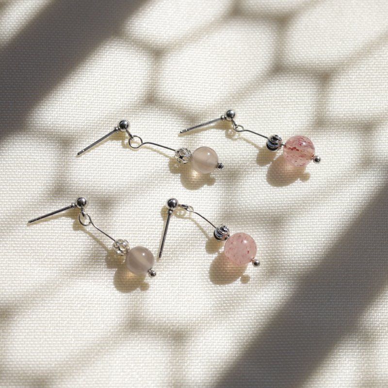 Simple mineral earrings, strawberry crystal gray agate, can be freely matched with 925 Silver for daily wear - Earrings & Clip-ons - Semi-Precious Stones Silver