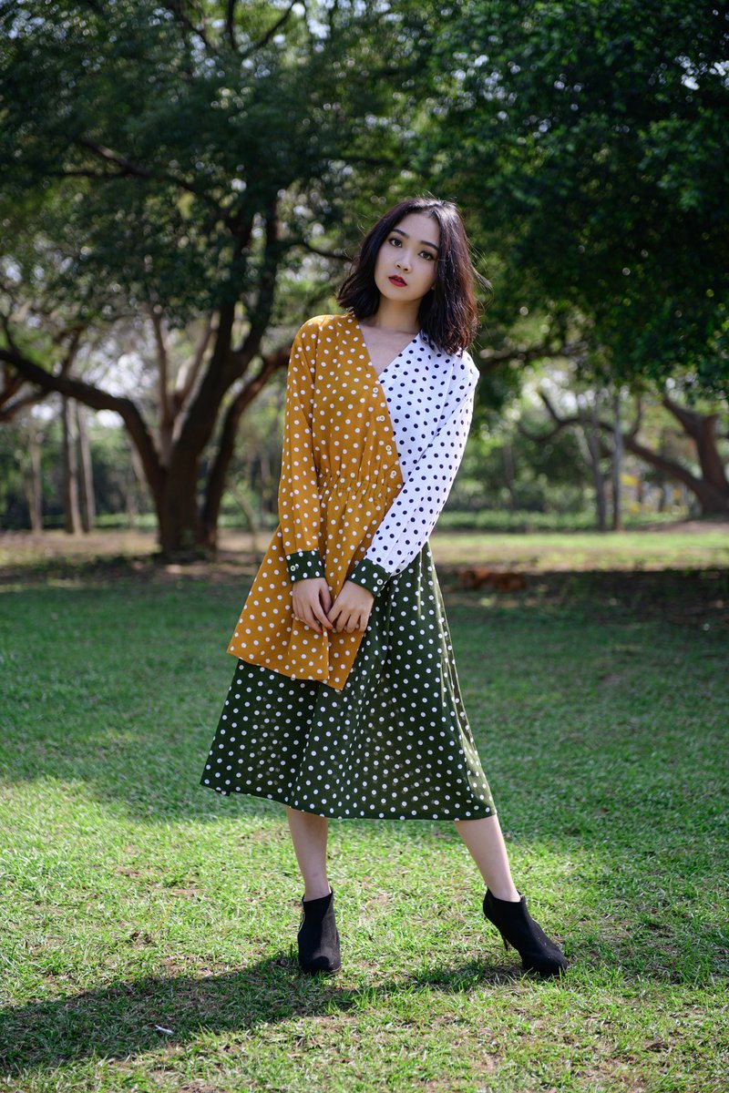 躍動 拼接圓點洋裝Colorful Polka Dot Dress - 洋裝/連身裙 - 聚酯纖維 黃色