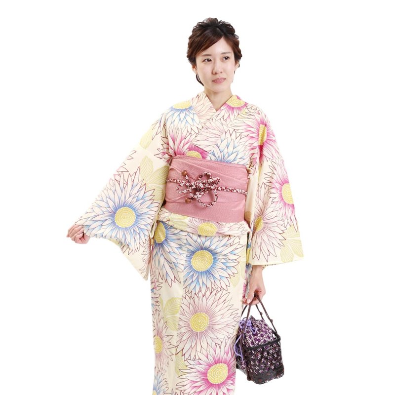 Women's yukata and obi 2-piece set F size x27-50 yukata - อื่นๆ - ผ้าฝ้าย/ผ้าลินิน สีเหลือง