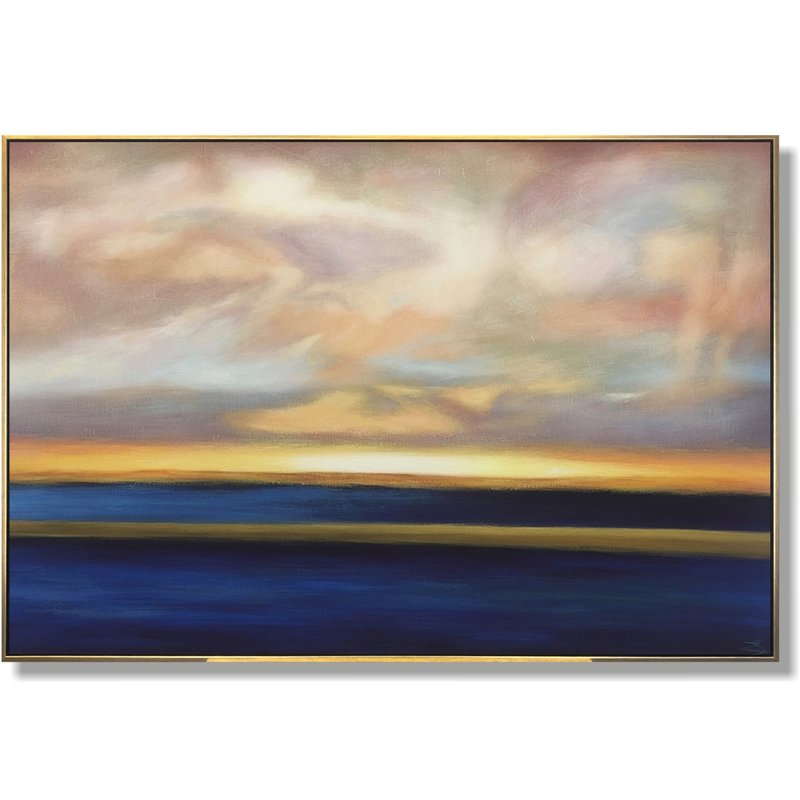 Sunset Painting Abstract Blue Ocean Wall Art Gold Horizon Ocean Thick Paint Art - 壁貼/牆壁裝飾 - 壓克力 多色