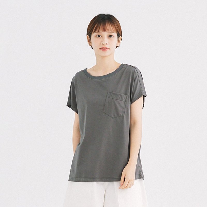 【Simply Yours】斜口袋短袖T 灰F - 女 T 恤 - 棉．麻 灰色