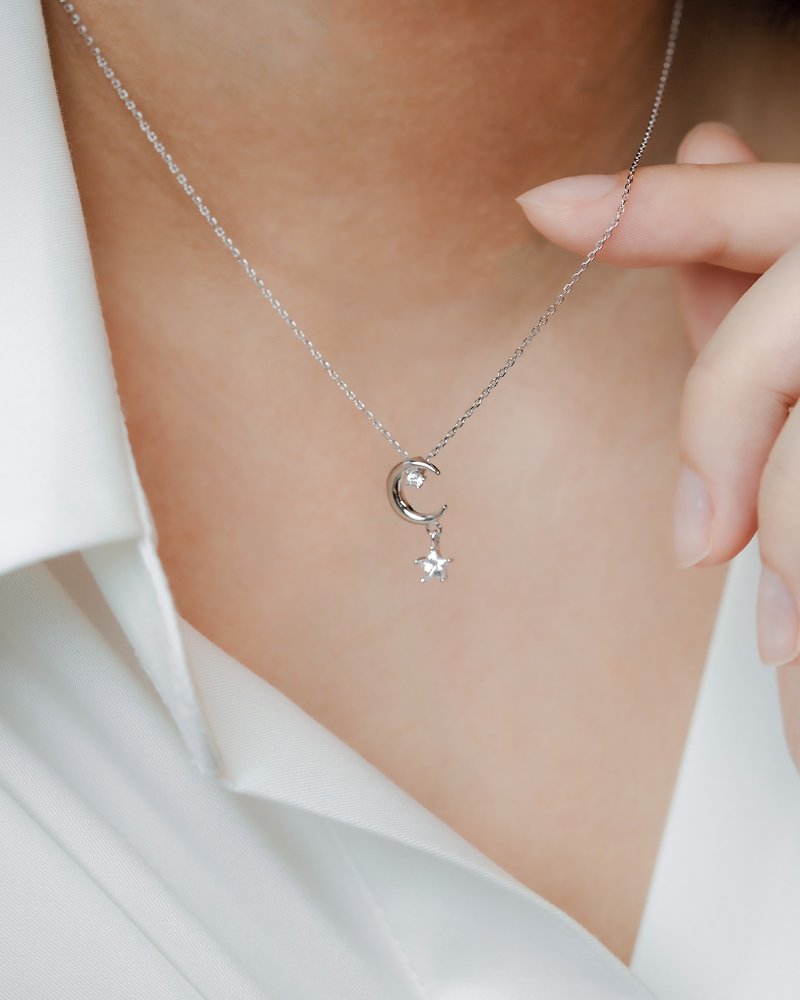 Valentine's Day gift set with solitaire diamond 925 sterling silver star and moon necklace clavicle chain - Necklaces - Sterling Silver Silver
