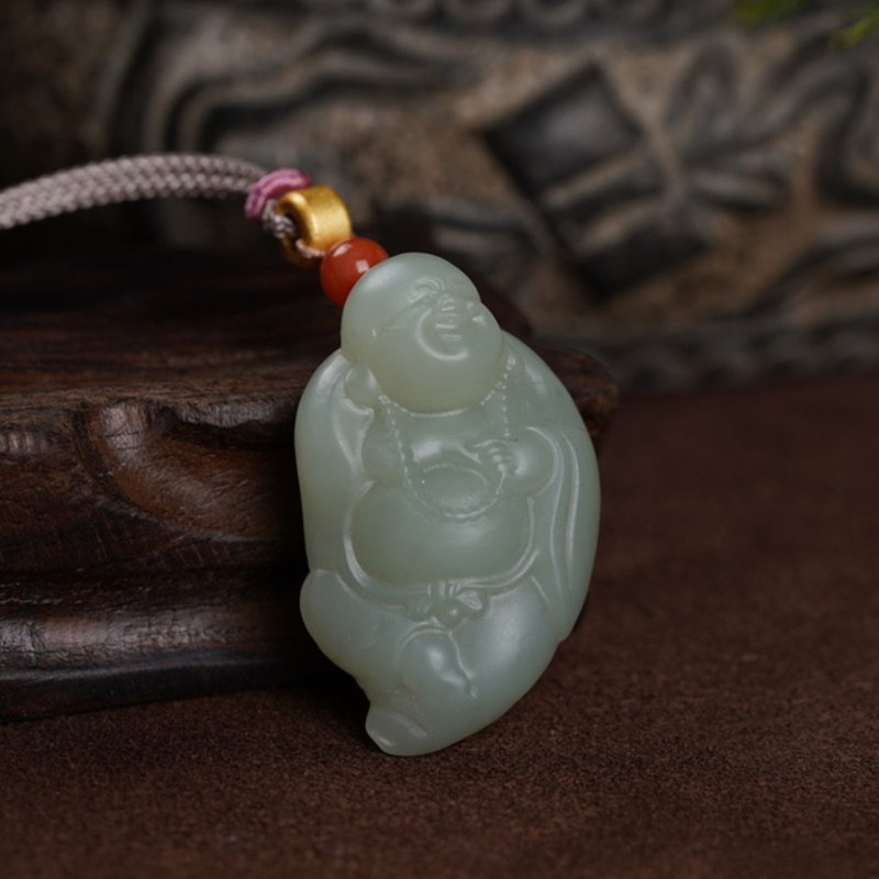 Hetian Jade Happy Buddha Pendant Necklace - สร้อยคอ - หยก สีน้ำเงิน