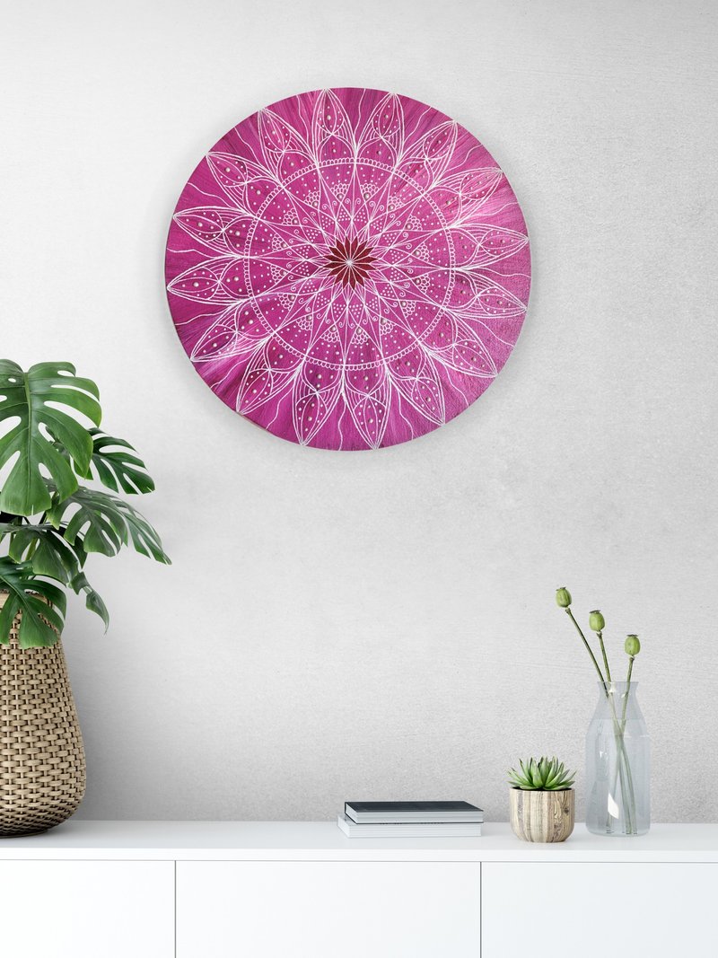 Pink mandala painting Meditation ethnic wall decor Symmetrical pattern art - 壁貼/牆壁裝飾 - 壓克力 粉紅色