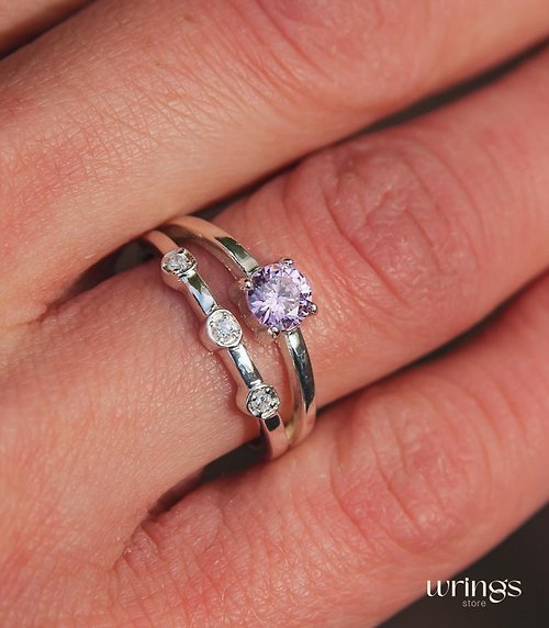 WRINGS Split Double Band Amethyst Engagement Ring Silver with Three White Accent Stones