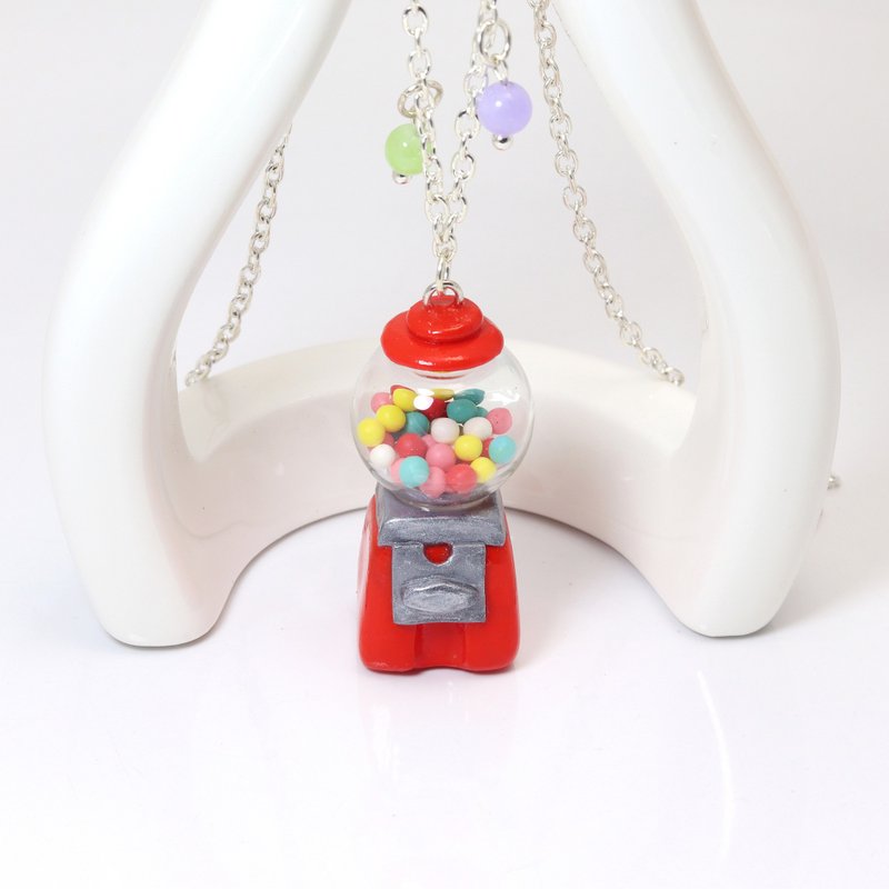 Gumball machine necklace, Miniature Gumball machine, Mini Candy machine - สร้อยคอ - ดินเหนียว สีแดง