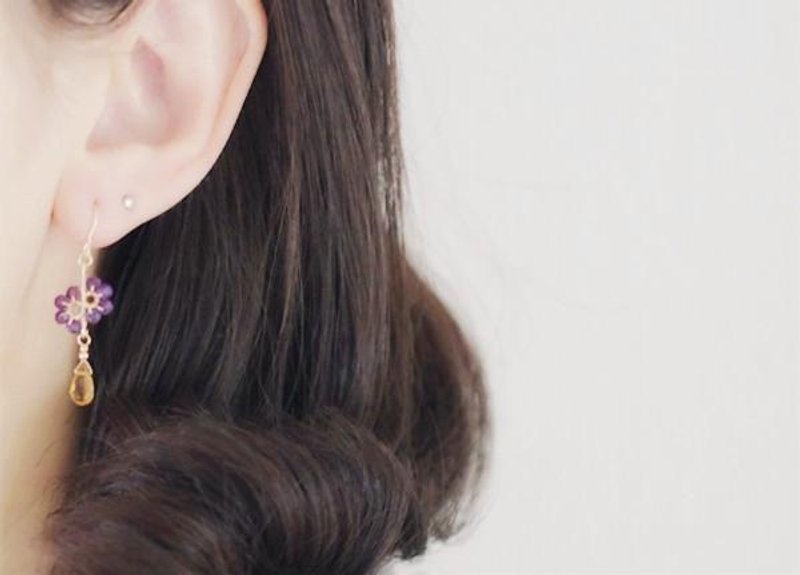 The constitution that calls for happiness Amethyst & Citrine Earrings November February stone - ต่างหู - เครื่องเพชรพลอย 
