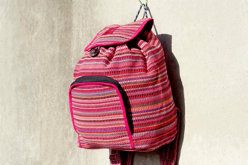 A limited edition hand-woven natural rainbow colorful canvas bag / backpack / backpacks / shoulder bag / travel bag - natural Peach color handle colors - Backpacks - Cotton & Hemp Multicolor
