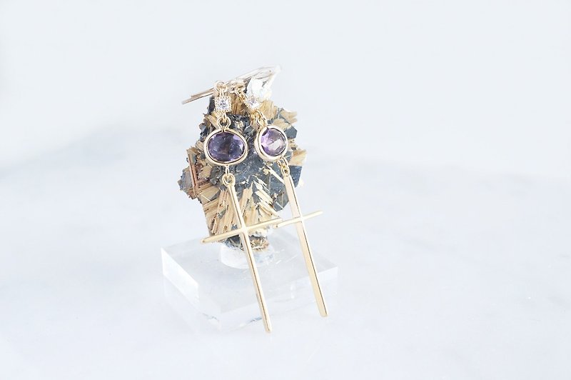 [14KGF] Cross Earrings,-Amethyst & Cubic Zirconia- - Earrings & Clip-ons - Glass Purple