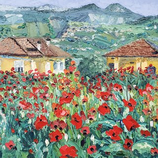 ポピー絵画花オリジナルアートイタリアトスカーナ壁アート花アート風景
