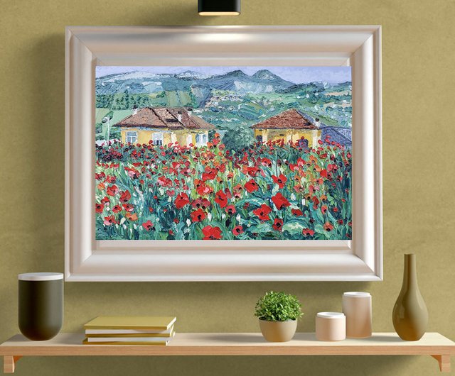原画】印象派風 ポピーの花 絵画 額縁付き アート インテリア