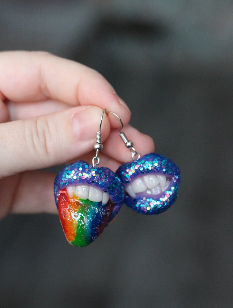 Rainbow Lips glitter earrings - Earrings & Clip-ons - Clay Multicolor