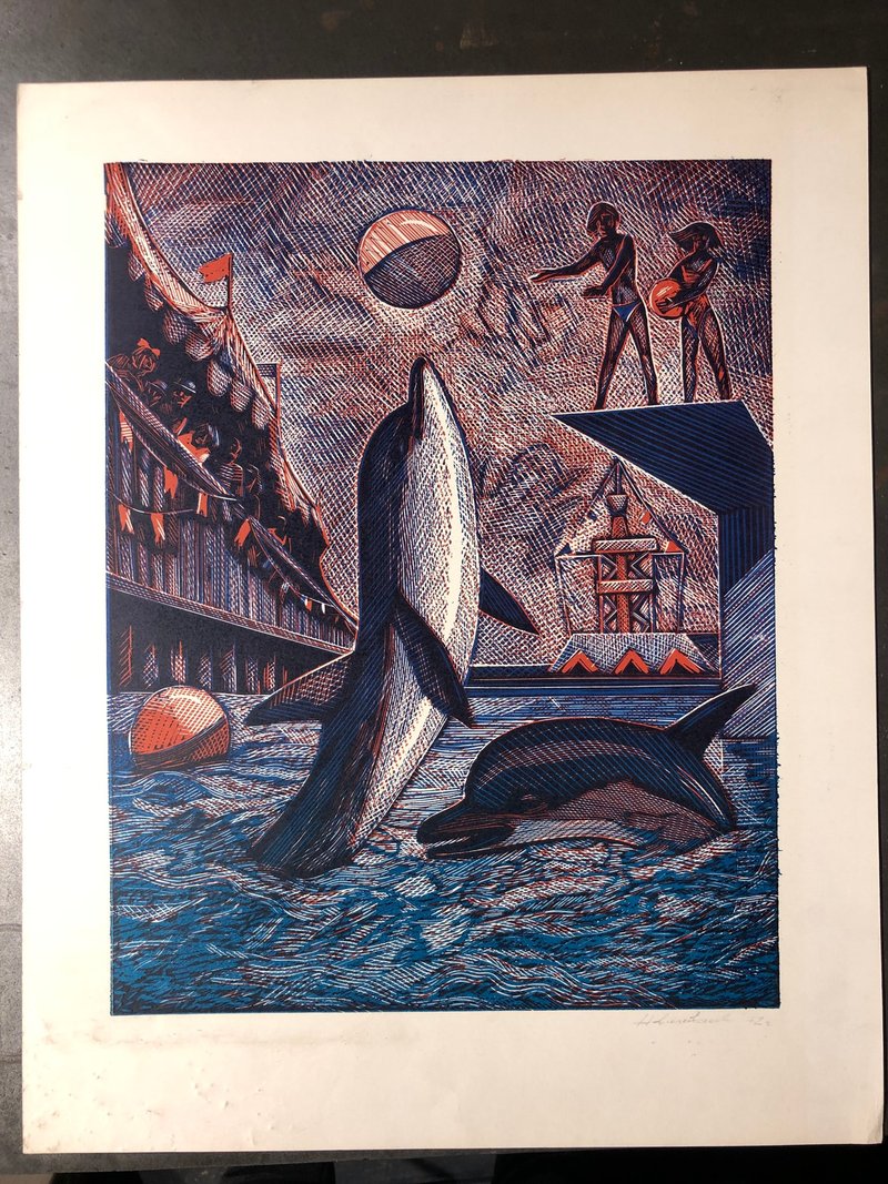 Dolphinarium Color Lithograph Vintage Graphic Art Home Decor Wall Art - 壁貼/牆壁裝飾 - 紙 