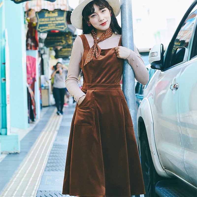 [In stock] wear side hidden pull with pocket strap dress skirt dress YFC9052 - One Piece Dresses - Polyester Brown