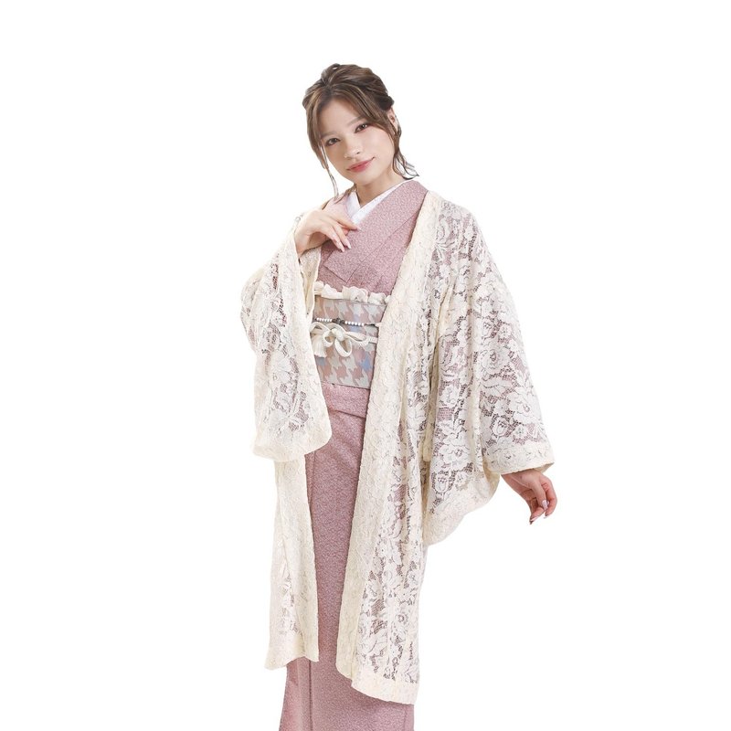 Lace Haori Kimono Coat Haori Outerwear Free Size Ivory Single Item - เสื้อฮู้ด - ผ้าฝ้าย/ผ้าลินิน ขาว