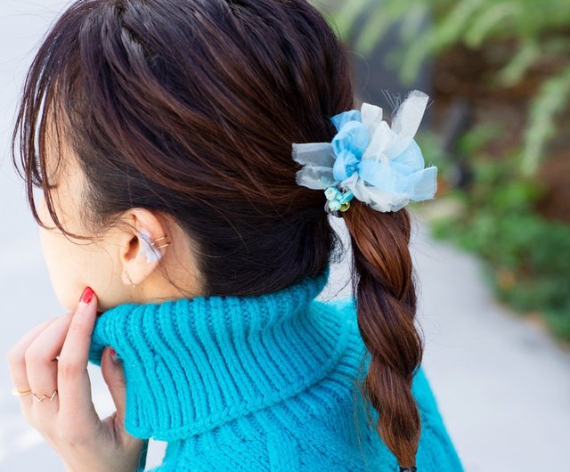 シュシュ  ヘアゴム  パワーストーン アクアマリン×ムーンストーン シュシュ ヘアゴム パワーストーン アクアマリン×ムーンストーン