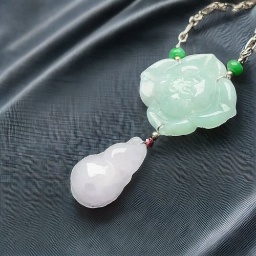 瓔珞珠寶盒 E.L.Jewelry Box 冰糯綠翡翠牡丹花紫羅蘭翡翠葫蘆925純銀項鍊 | 天然緬甸翡翠A貨