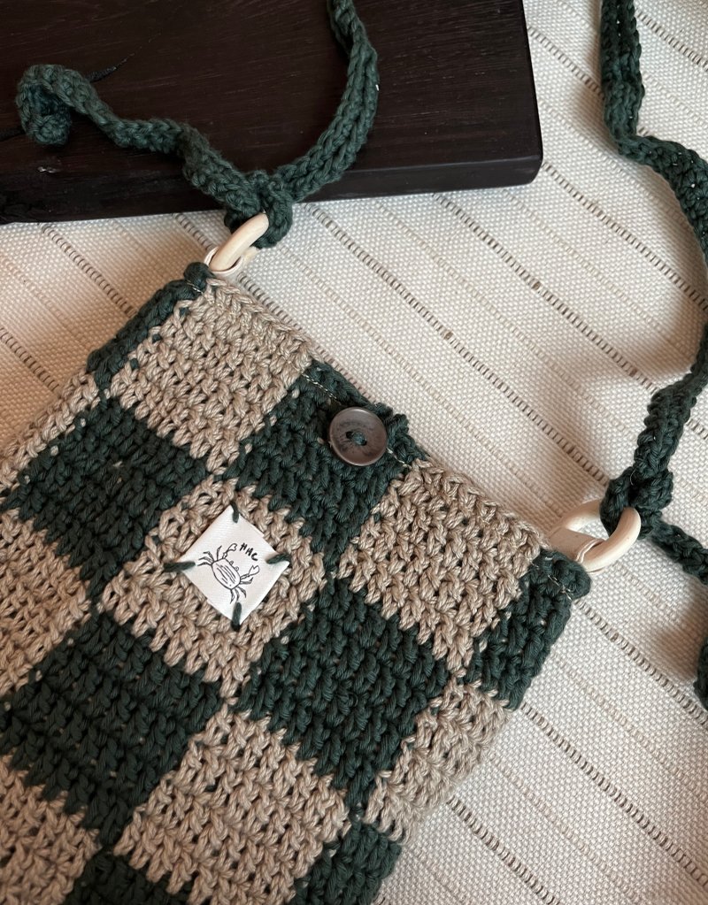 Dark Green & Khaki[Checked Crochet Mobile Phone Bag] - Messenger Bags & Sling Bags - Cotton & Hemp Green