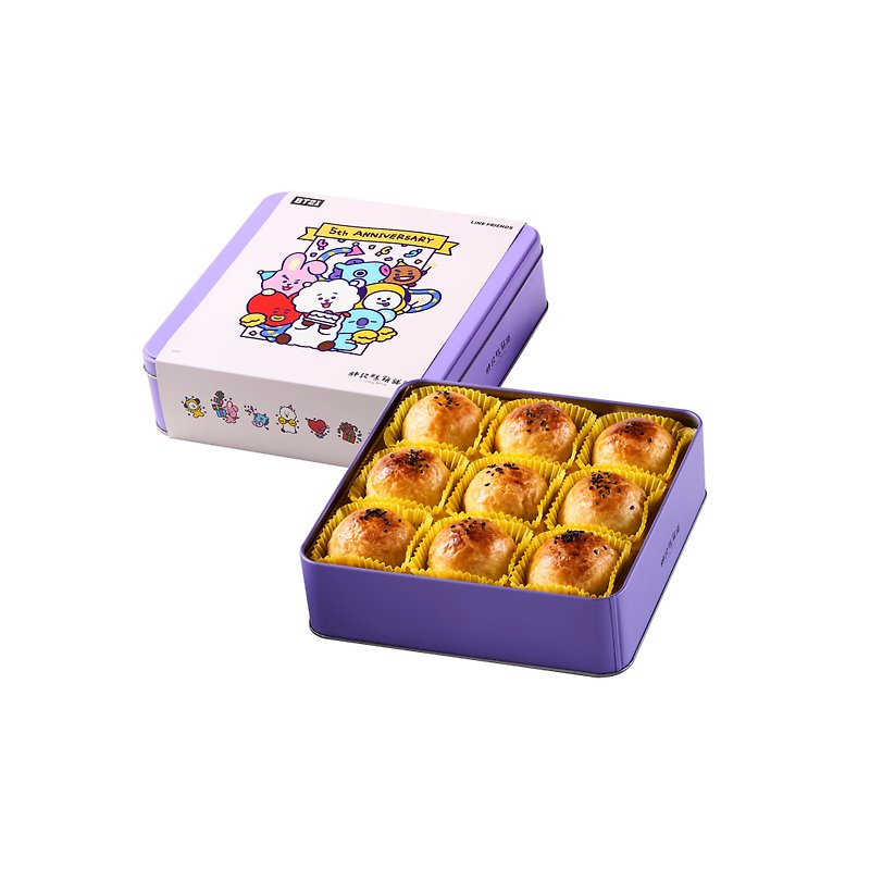 BT21 Cosmic star model Lin Kee Bakery [9 pieces of egg yolk pastry tin box] purple (with bag) - เค้กและของหวาน - วัสดุอื่นๆ สีเหลือง
