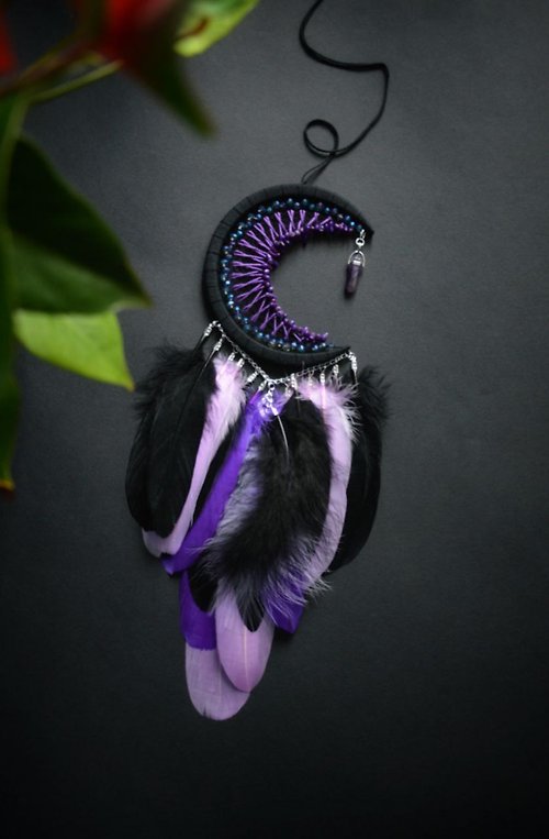 VIDADREAMS Elegant Handmade Purple and Black Crescent Moon Dream Catcher, พระจันทร์สามดวง