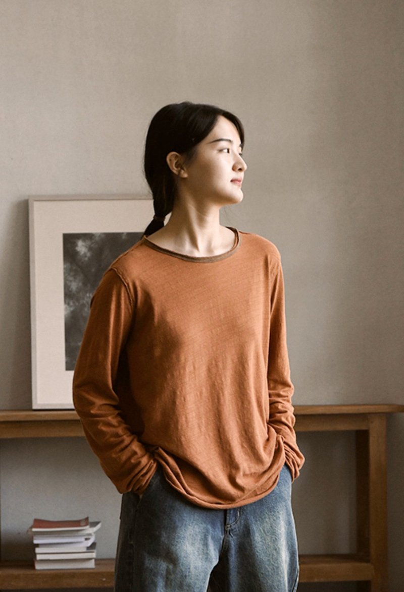 Orange Linen and linen knitted long-sleeved T-shirt solid color round neck all-match top - เสื้อยืดผู้หญิง - ผ้าฝ้าย/ผ้าลินิน สีส้ม