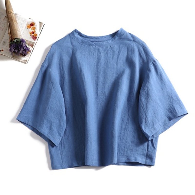 100% Linen loose drop sleeve 3/4 sleeve blouse blue 190702-2 - Women's Tops - Cotton & Hemp 