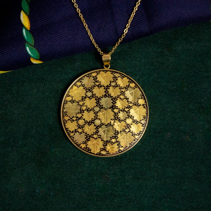 日本Amita古董象嵌 24K/18K金鑲嵌工藝 滿版楓葉圖騰 長項鍊墜子 - 項鍊 - 24k 金 金色