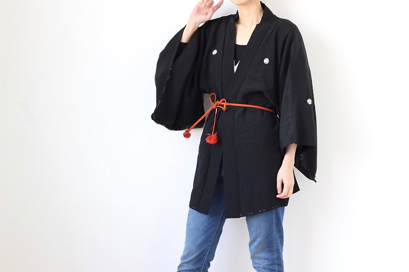solid Black kimono, versatile jacket, women haori /4094 - เสื้อแจ็คเก็ต - ผ้าไหม สีดำ